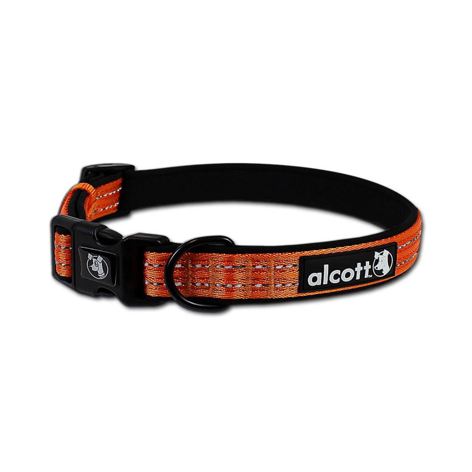 Neon orange Alcott Adventure dog collar with reflective stitching, black padded interior, adjustable strap, black plastic buckle, and metal D-ring, shown on a white background.