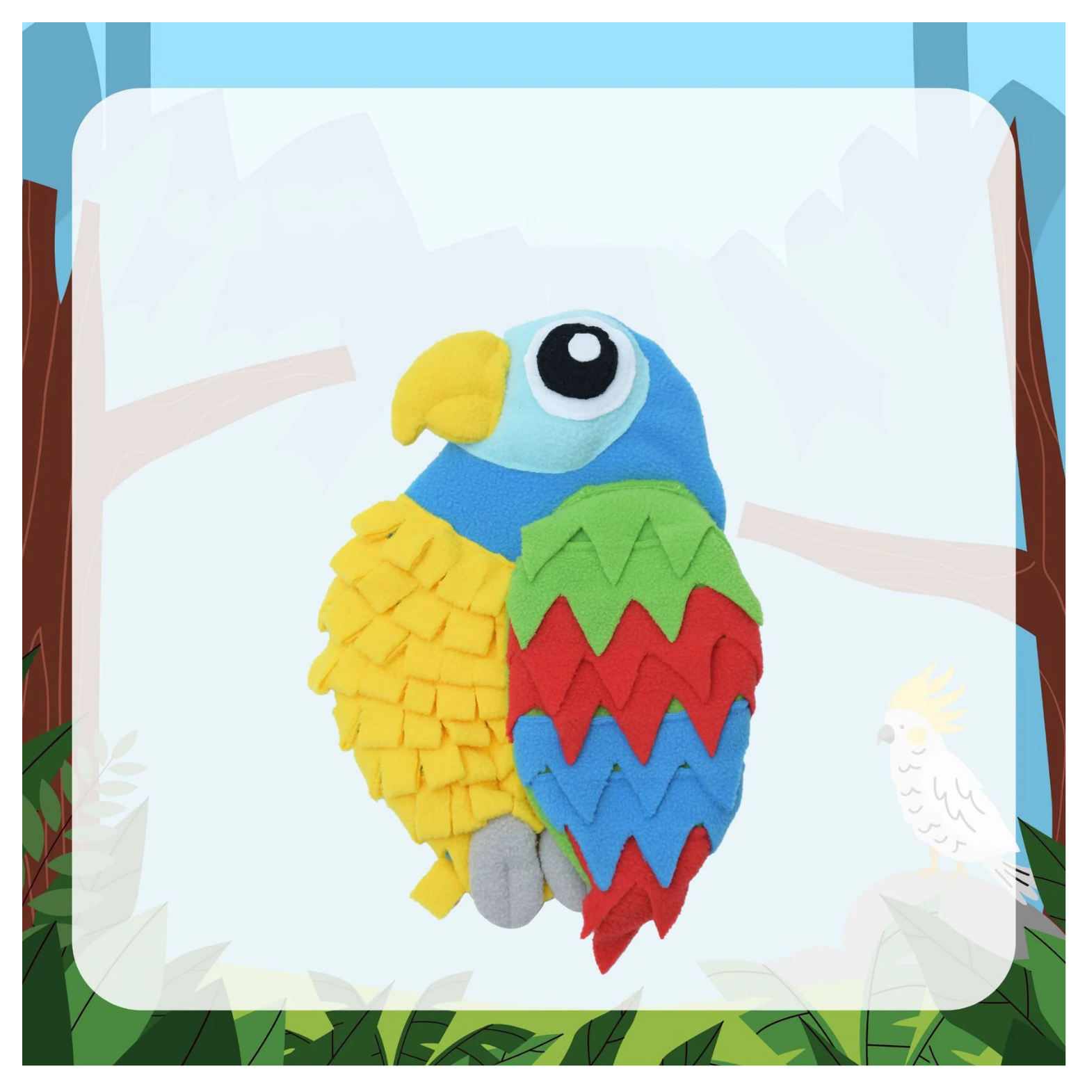 Blue and yellow parrot-shaped snuffle feeding mat for dogs and cats made of layered fleece strips, featuring a light blue head, yellow body feathers, green and red wing accents, a yellow beak, large cartoon eye, and gray feet, displayed against a jungle-themed background.