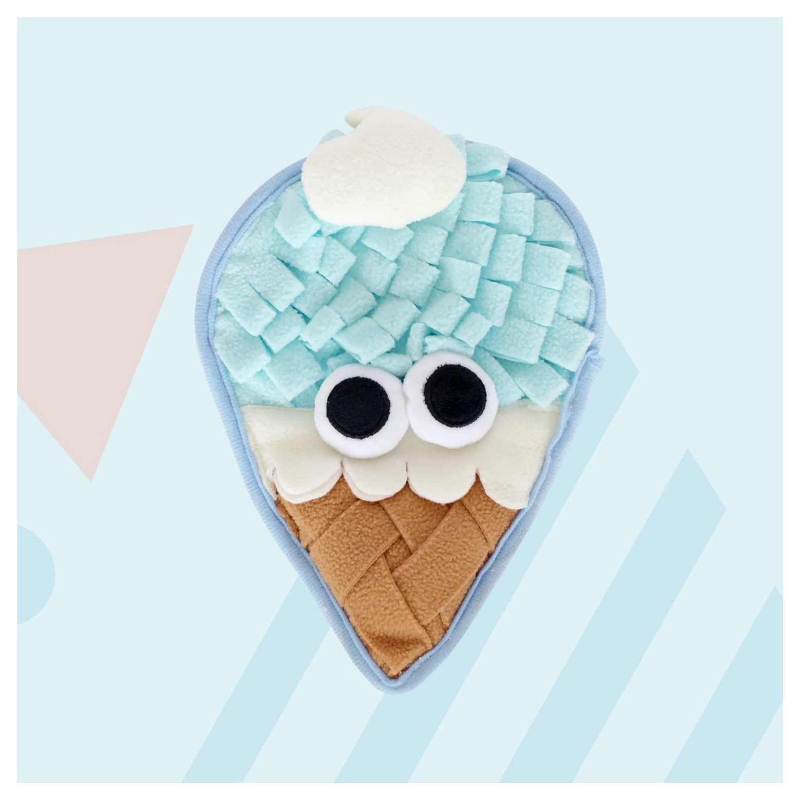 Ice-cream–shaped snuffle feeding mat for dogs and cats with a soft blue fleece “scoop,” white plush topping, and tan waffle-cone base. The mat has large cartoon eyes on the front and sits on a pastel background.