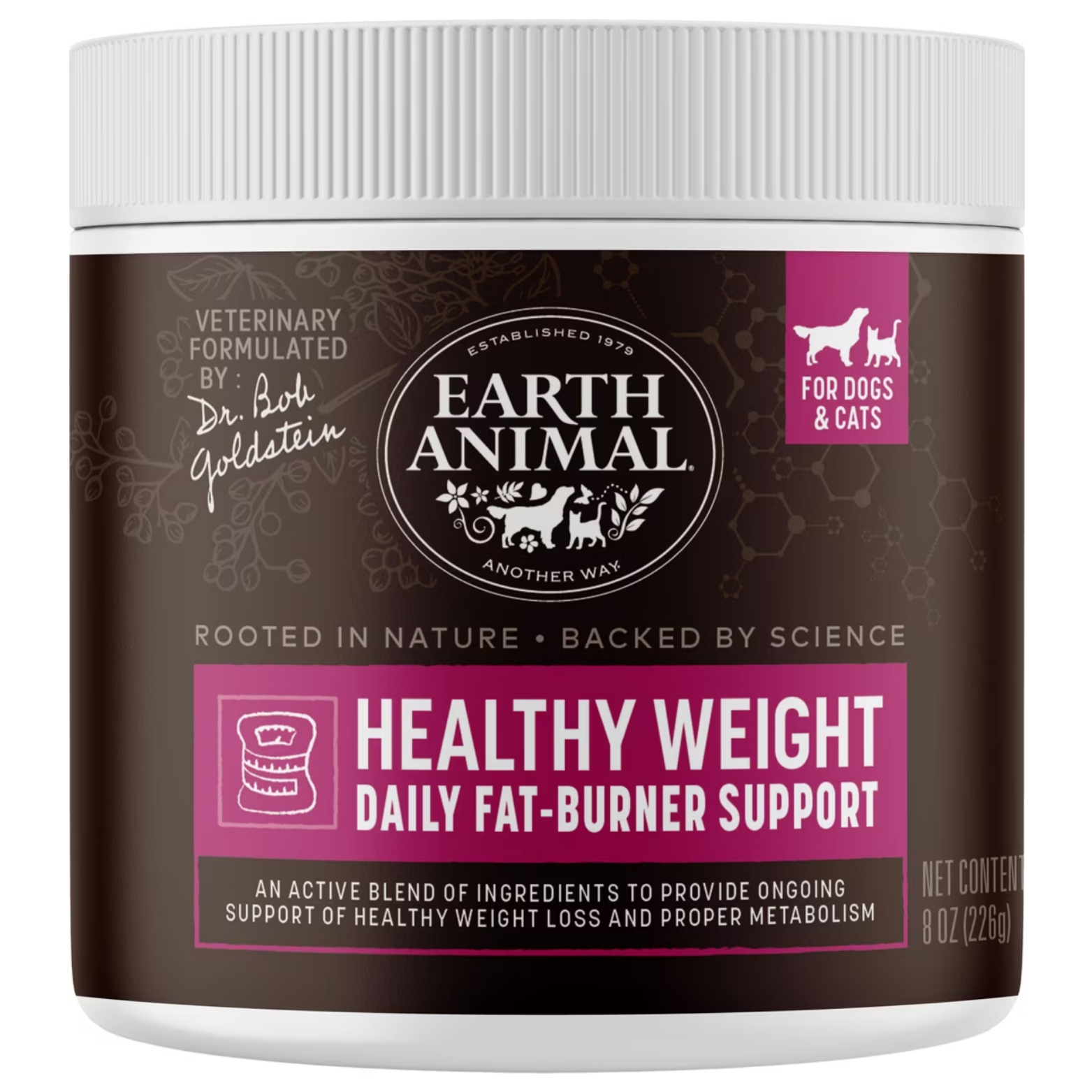 Front view of an Earth Animal Apothecary Healthy Weight Daily Fat-Burner Support supplement jar for dogs and cats, featuring a brown label with pink accents and a white screw-top lid.