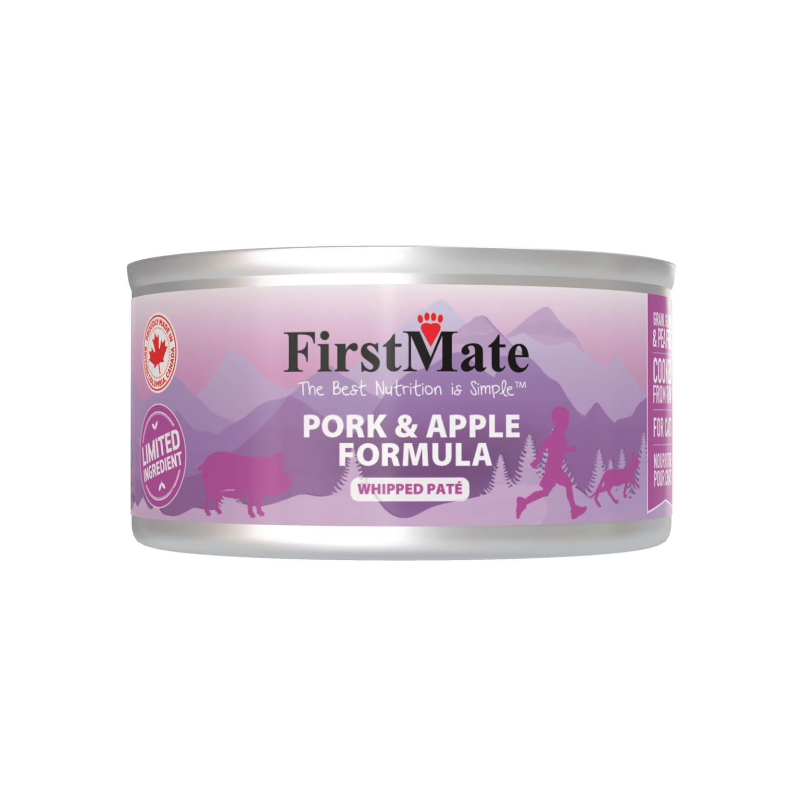 Front view of FirstMate Limited Ingredient Pork & Apple Formula canned cat food, purple label with mountain illustration and “whipped pâté” text.