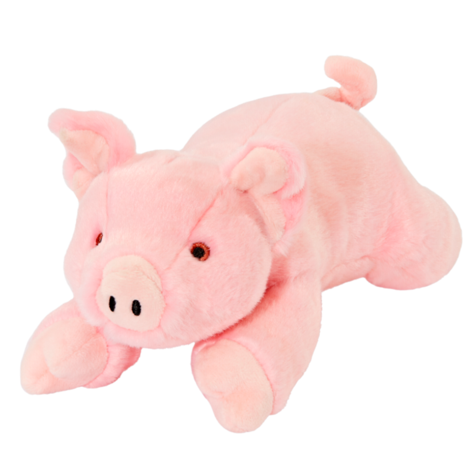 Pink plush pig dog toy lying on its belly against a black background, with floppy ears, stitched eyes, and a curled tail.