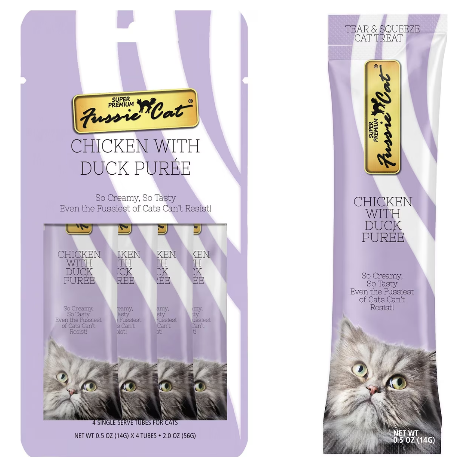 Front view of Fussie Cat Chicken with Duck Purée cat treats packaging alongside an individual tear-and-squeeze tube. Purple packaging features a cat image and text stating the purée is creamy and tasty for cats.