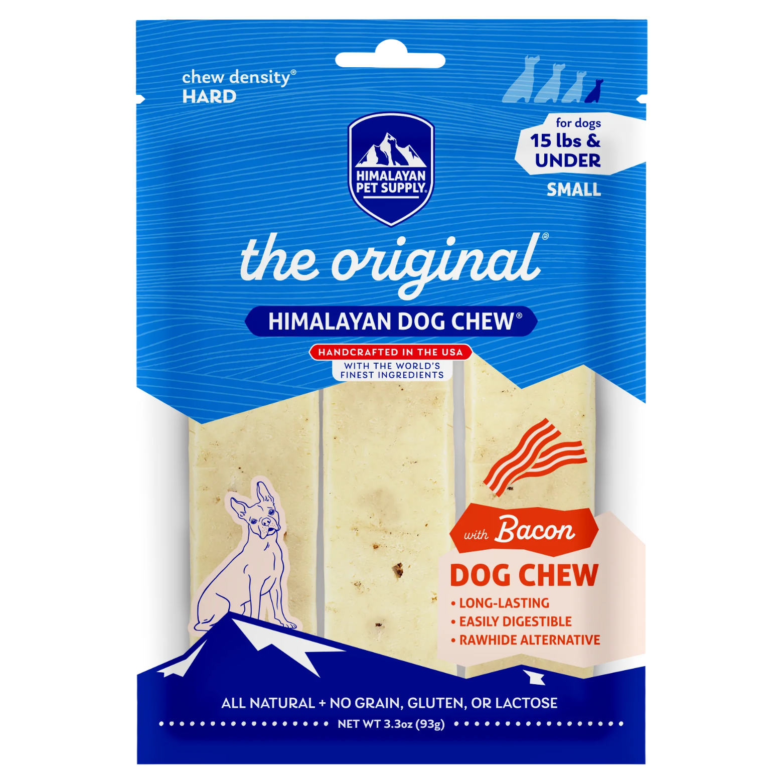Front of Himalayan Pet Supply “The Original Himalayan Dog Chew” with bacon for small dogs (15 lbs and under). Blue packaging shows three light-colored cheese chews, hard chew density label, bacon flavor icon, and claims including long-lasting, easily digestible, and rawhide alternative.