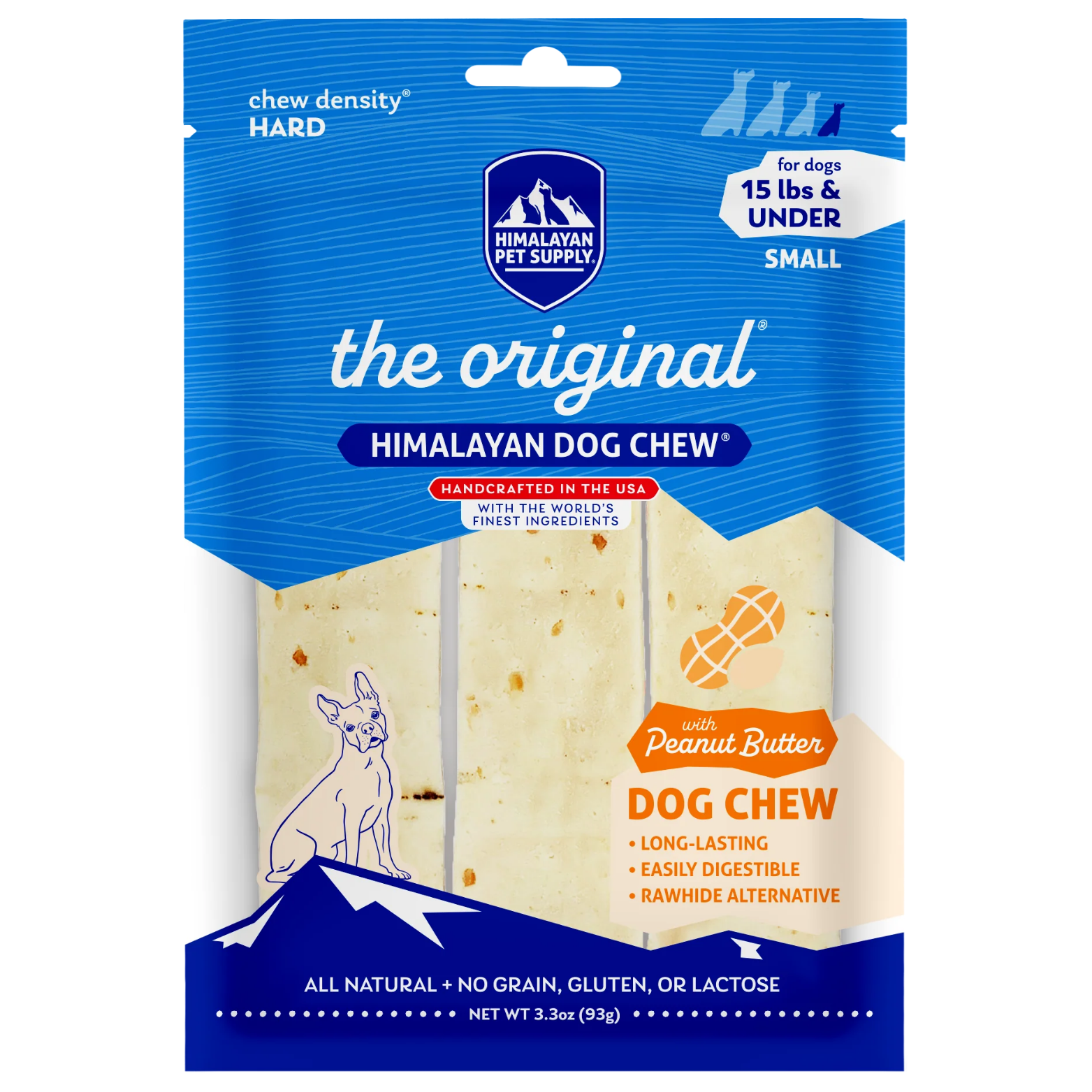 Front of Himalayan Pet Supply “The Original Himalayan Dog Chew” with peanut butter for small dogs (15 lbs and under). Blue packaging shows three light-colored cheese chews, hard chew density label, peanut butter flavor icon, and claims including long-lasting, easily digestible, and rawhide alternative.