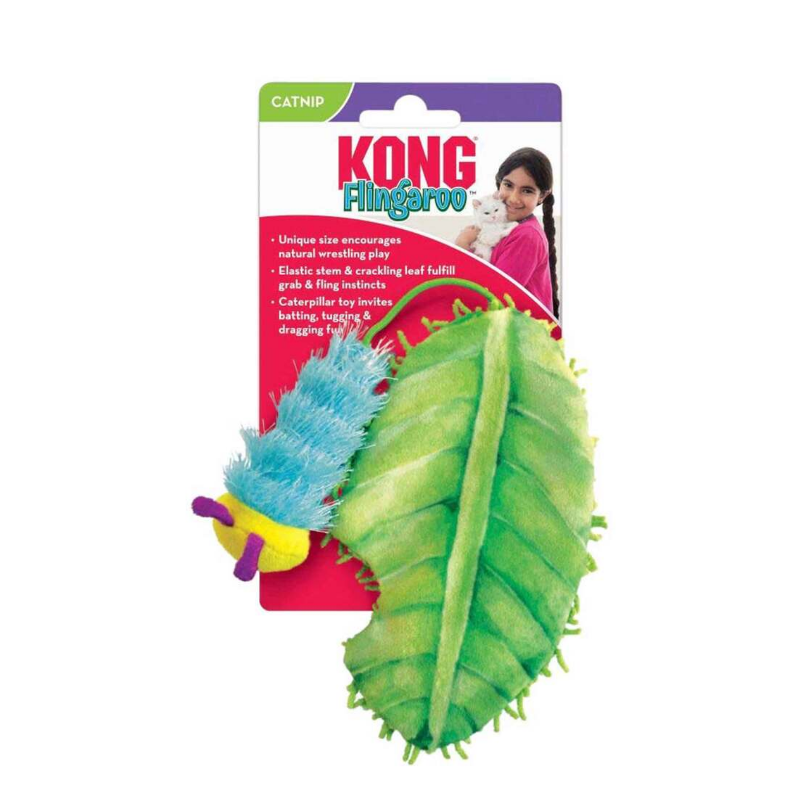 Front of KONG Flingaroo Caterpillar catnip cat toy packaging. Displays a plush blue caterpillar attached to a large green leaf with elastic stem, catnip label, and product benefits highlighting wrestling, batting, and flinging play.
