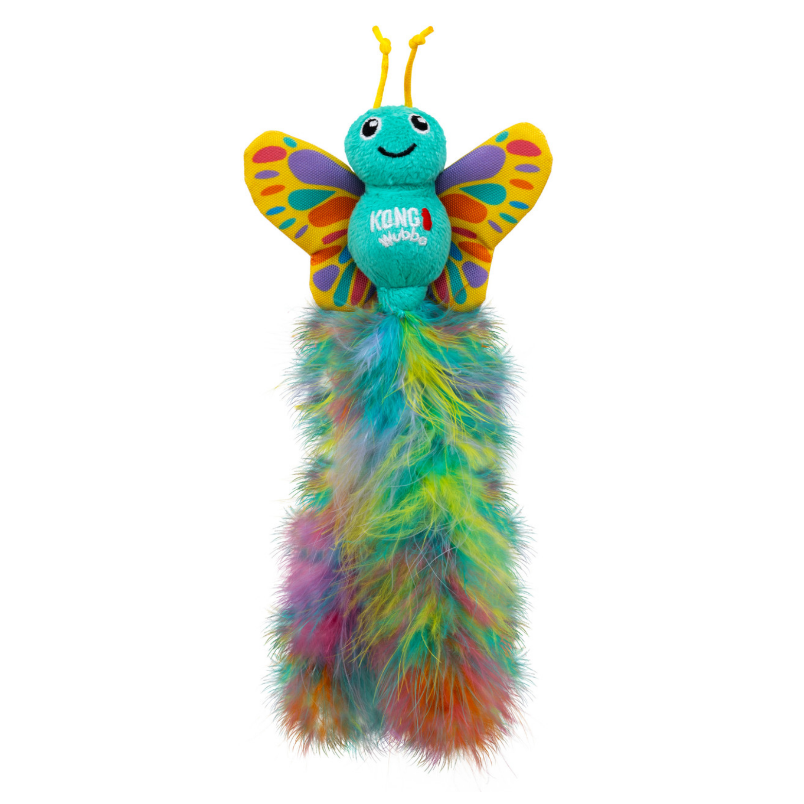 KONG Wubba Butterfly catnip cat toy shown on a white background. Features a teal plush butterfly body with colorful patterned wings, yellow antennae, and a long multicolored feather tail designed for batting and kicking play.