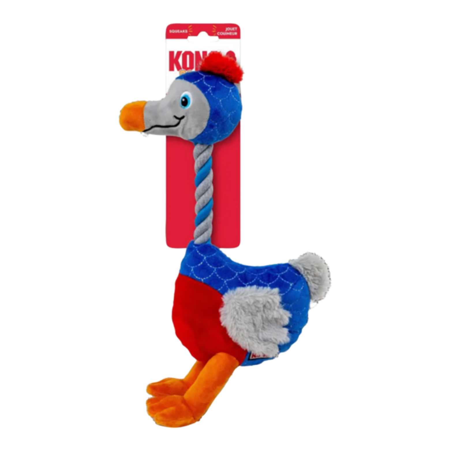 Colorful plush bird dog toy with a blue stitched body, gray and red accents, orange beak and feet, and a twisted rope neck, shown on a white background with KONG Bendeez packaging attached.