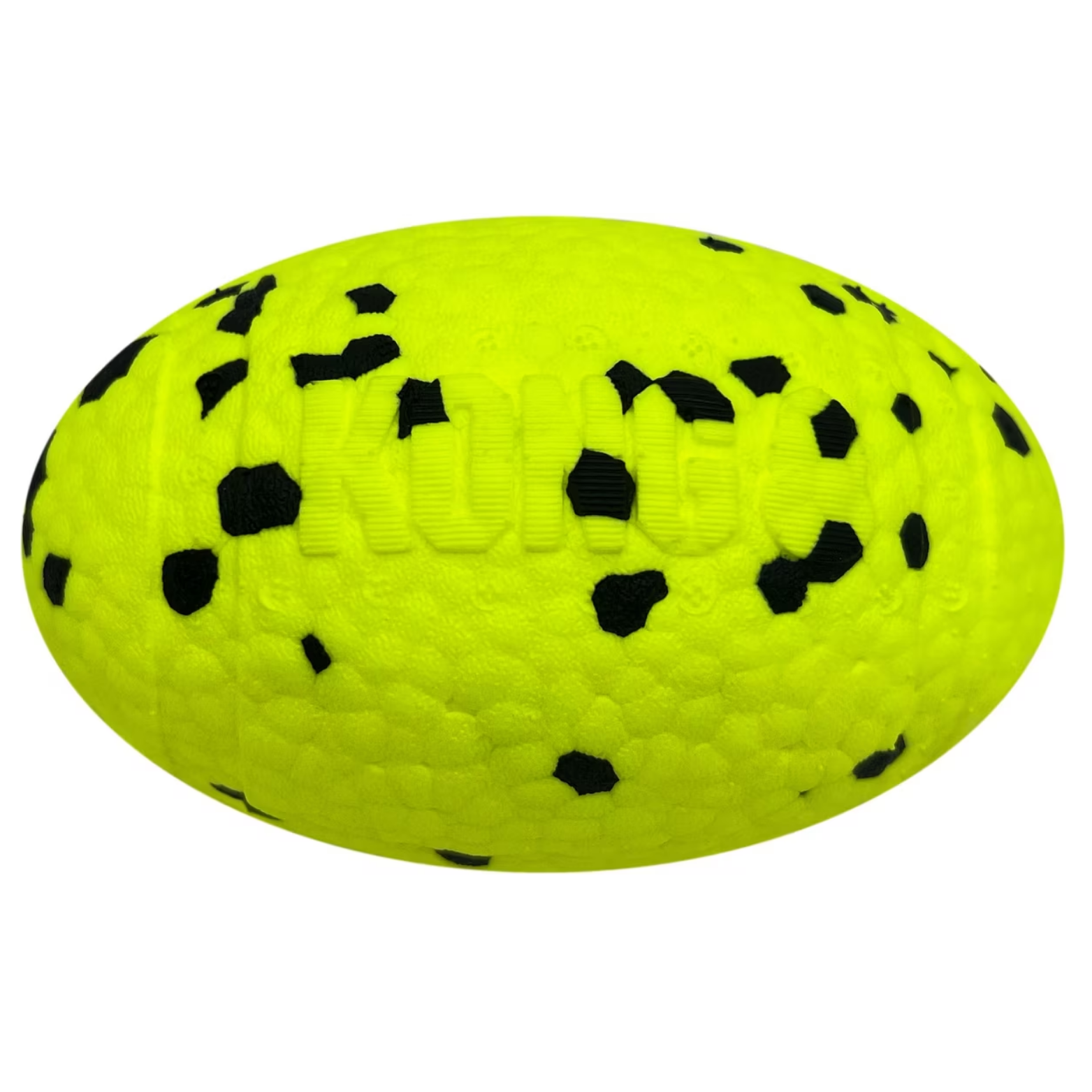 Bright neon yellow KONG Reflex football dog toy with black speckles and raised “KONG” lettering, shown on a white background.
