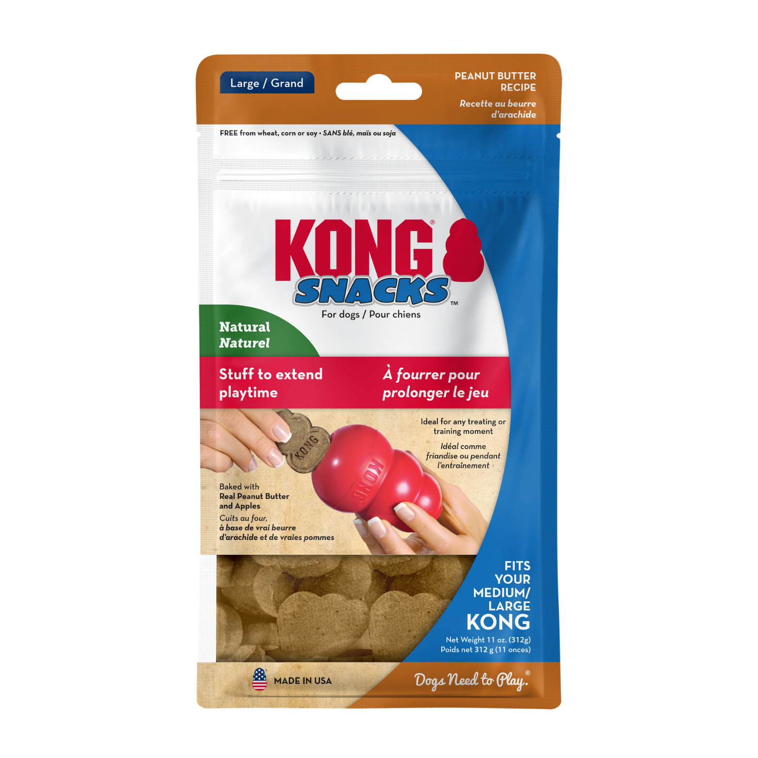 Resealable bag of KONG Snacks dog treats, peanut butter recipe, size Large. The package is blue, white, and orange, labeled “Natural,” “Stuff to extend playtime,” and “Fits your medium/large KONG,” with a photo showing a treat being inserted into a red KONG toy.