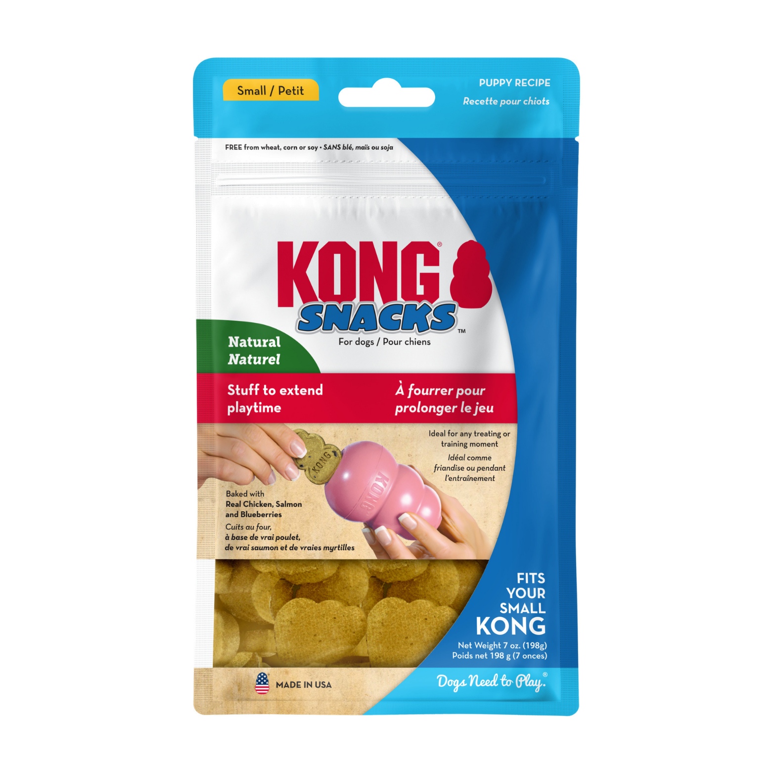 Front of a KONG Snacks Puppy Recipe dog treats bag in blue and white packaging labeled “Small / Petit,” showing puppy-shaped treats through a clear window and text indicating the treats are natural and fit small KONG toys.