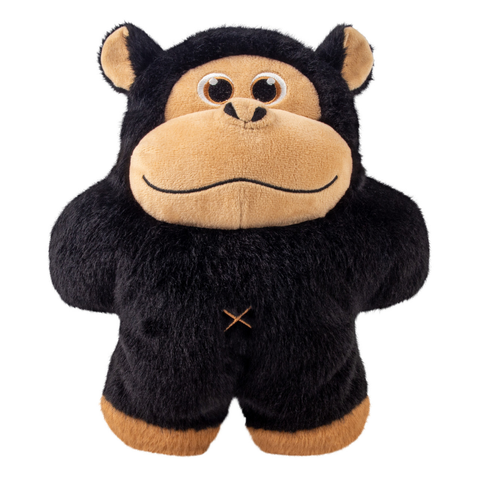 KONG Snuzzles Gorilla dog toy shown on a white background. Features a plush black gorilla with a tan face, rounded body, short arms and legs, embroidered eyes, and a soft textured exterior.