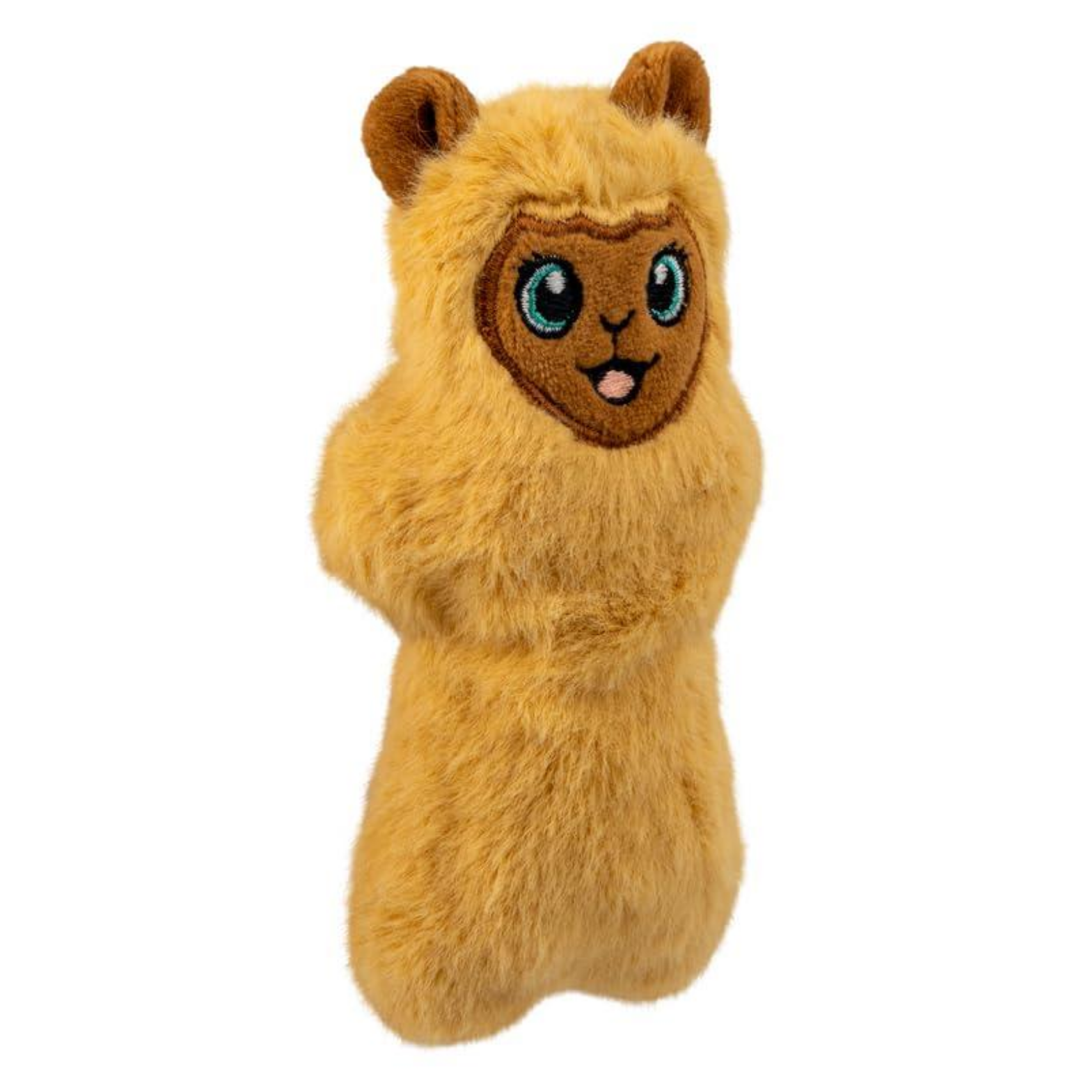 Plush yellow llama-shaped dog toy standing upright, with fuzzy texture, rounded ears, and embroidered face featuring large teal eyes and a small pink tongue on a white background.