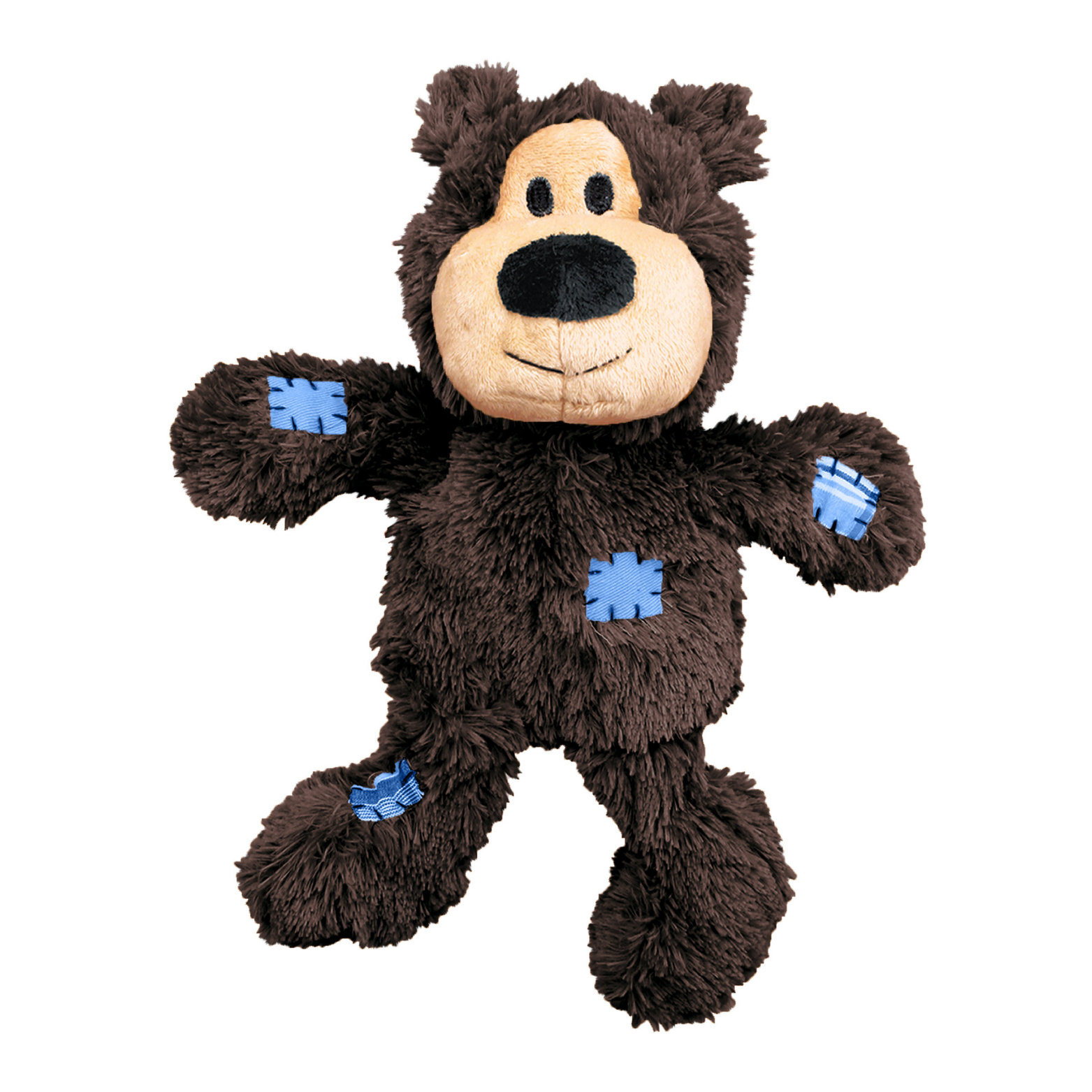 Brown plush bear dog toy with a tan snout and black nose, featuring blue stitched patch details on the arms, legs, and body, shown against a white background.