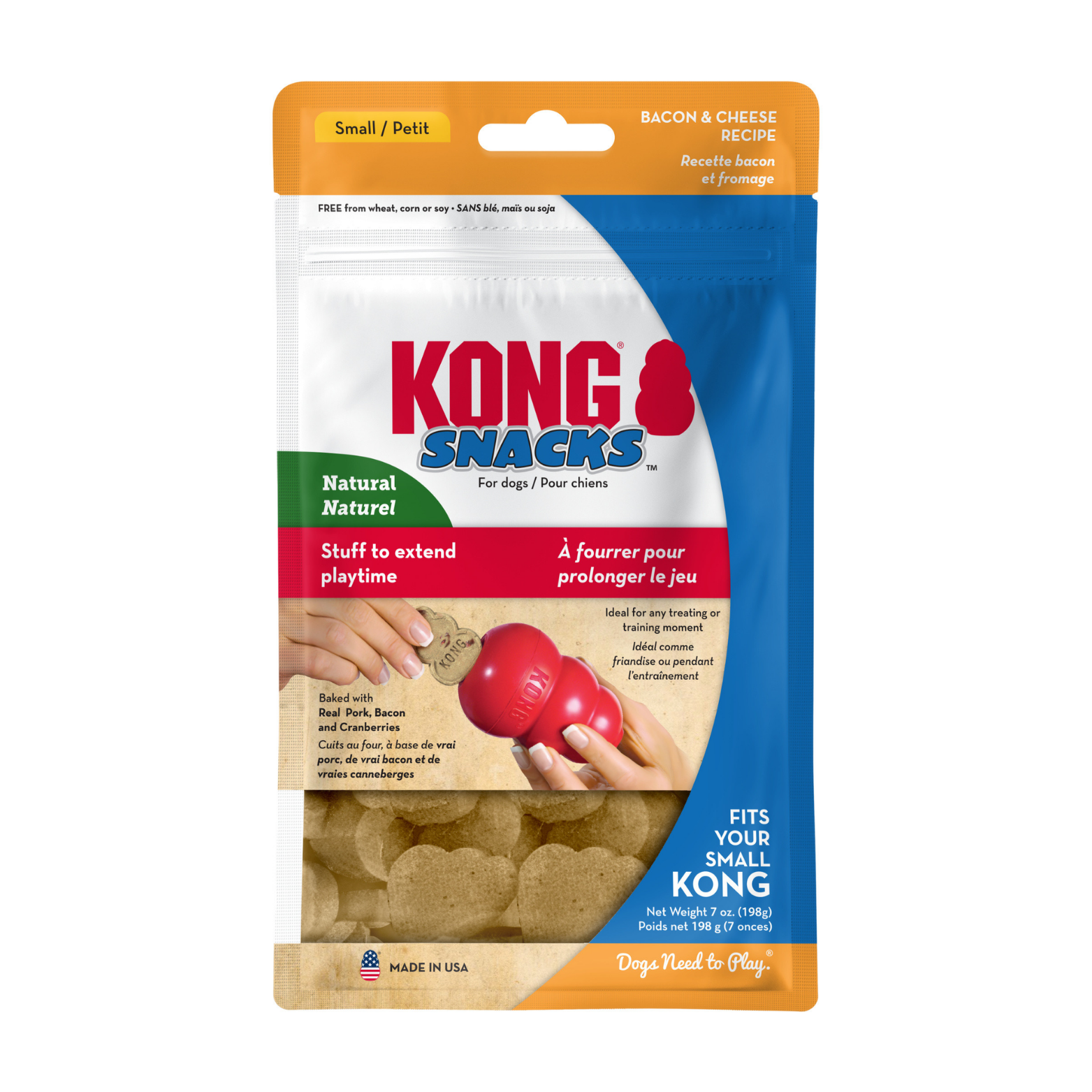 Front of a KONG Snacks dog treats pouch labeled “Bacon & Cheese Recipe,” showing small, bone-shaped treats inside and a hand placing a treat into a red KONG toy. Text indicates the treats fit small KONG toys and are made in the USA.