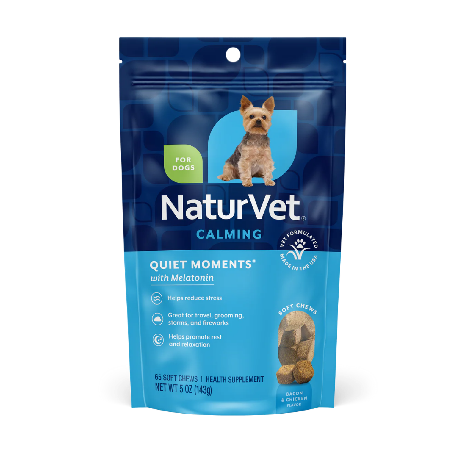 Resealable blue NaturVet pouch labeled “Quiet Moments Calming with Melatonin” for dogs, showing a small terrier illustration, icons describing stress relief and relaxation, and images of brown soft chews.