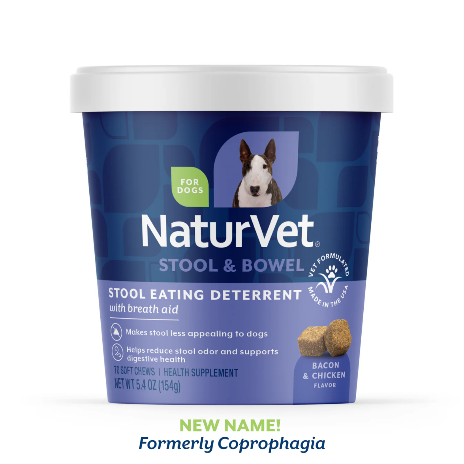 NaturVet Stool & Bowel Stool Eating Deterrent container for dogs, featuring blue packaging with a Bull Terrier image, labeled “Stool Eating Deterrent with breath aid.” The product contains bacon and chicken–flavored soft chews that help make stool less appealing, reduce stool odor, and support digestive health, with text noting “New Name! Formerly Coprophagia.”