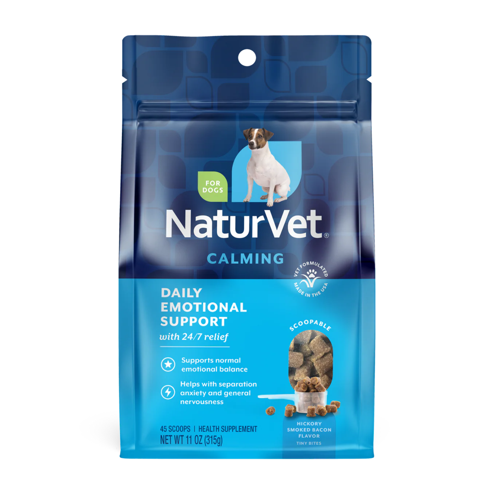 Resealable blue NaturVet Calming Scoopables pouch for dogs, labeled “Daily Emotional Support,” showing a small dog image, scoopable soft chews, and hickory smoked bacon flavor.