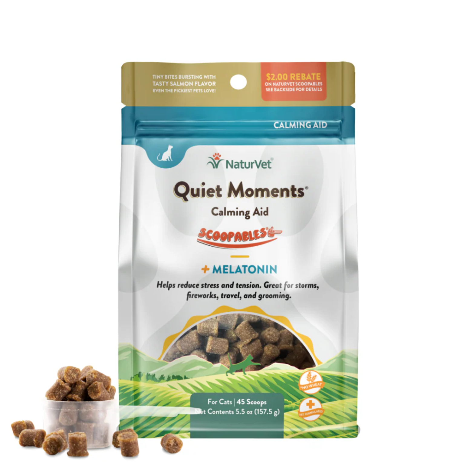 Front of NaturVet Quiet Moments Scoopables calming aid for cats, showing a resealable pouch with melatonin and scoopable soft bites displayed beside it.