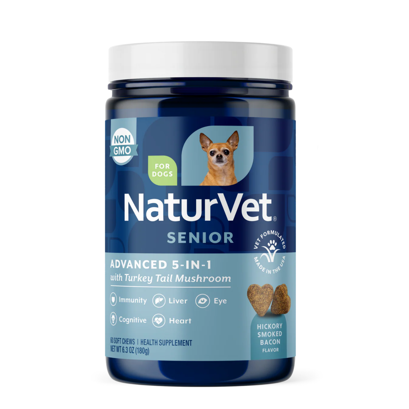 Blue NaturVet Senior “Advanced 5-in-1” dog supplement container with white lid, labeled non-GMO, for dogs, featuring a small tan dog image and icons for immunity, liver, eye, cognitive, and heart support.