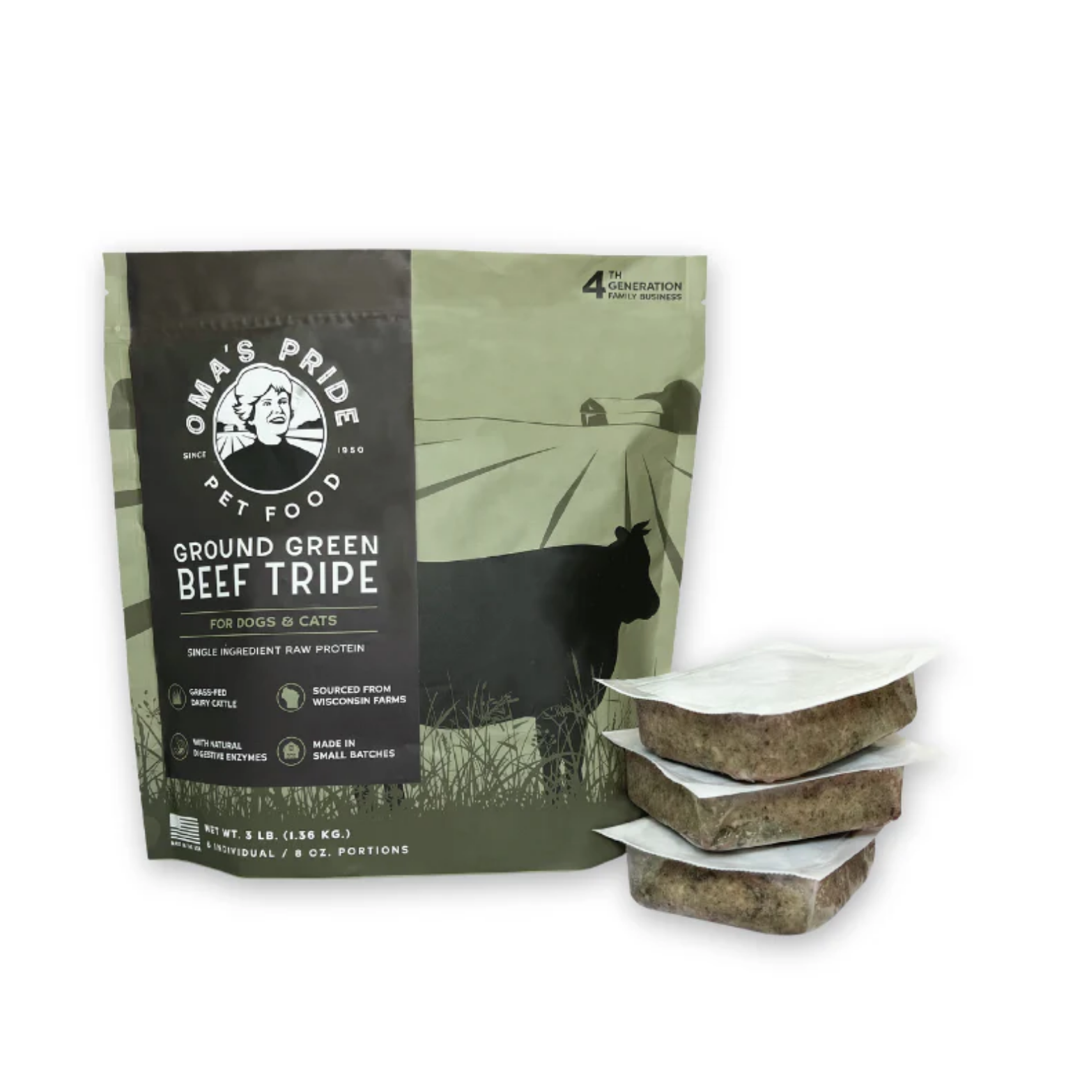 A green and black Oma’s Pride pet food bag labeled “Ground Green Beef Tripe for Dogs & Cats” stands upright next to three stacked frozen portion packs wrapped in white plastic on a white background.