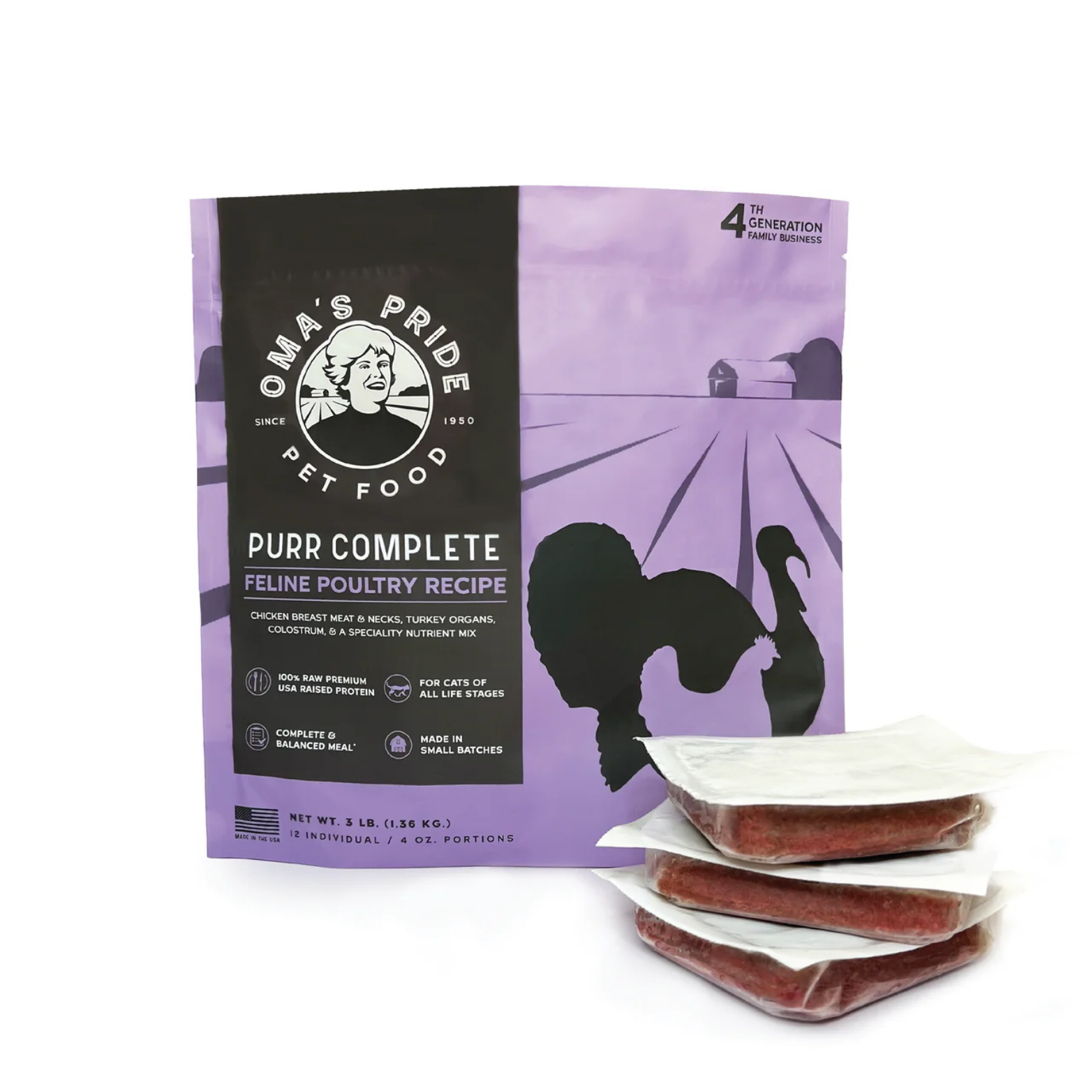 A purple bag of Oma’s Pride Purr Complete feline poultry recipe raw cat food stands upright with three frozen portion packs stacked in front. The packaging features a turkey silhouette and farm landscape design with product details on the front panel.