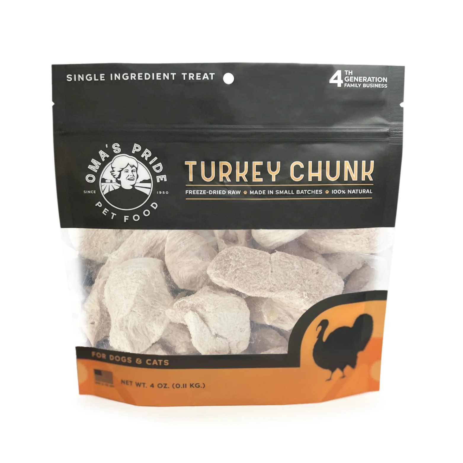 Black and orange resealable bag of Oma’s Pride Pet Food Turkey Chunk freeze-dried raw treats, shown with beige turkey pieces visible through the clear window; labeled single-ingredient treat for dogs and cats, 4 oz.