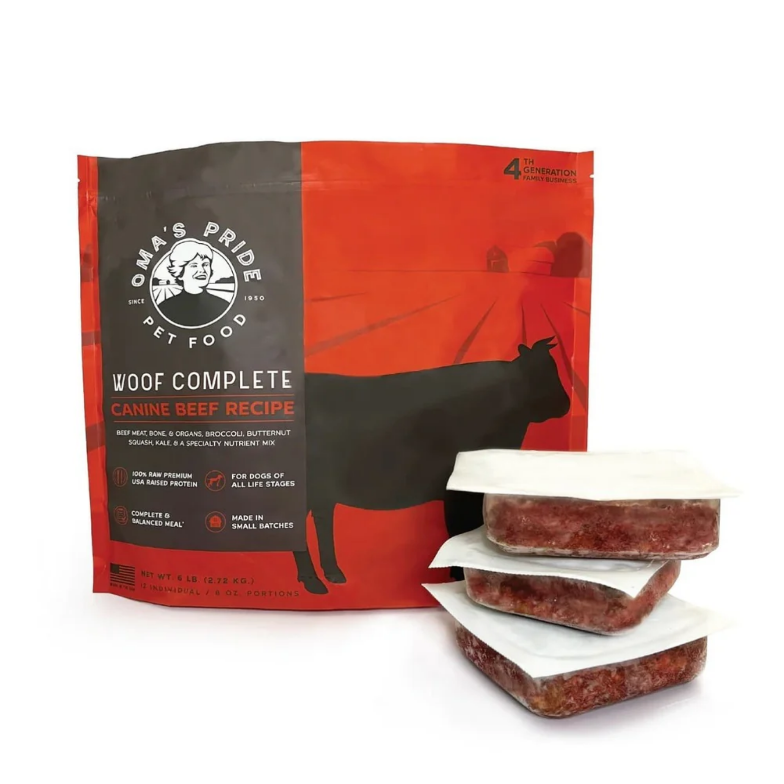 Large red and black bag of Oma’s Pride Woof Complete Canine Beef Recipe raw frozen dog food standing behind three stacked frozen portion packs on white trays against a white background.