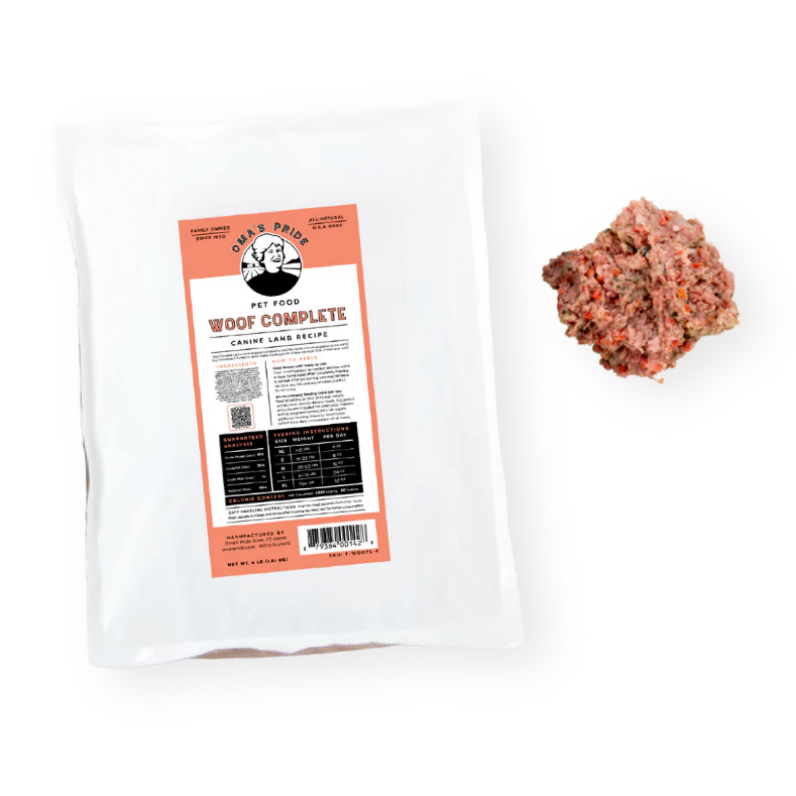 A frozen package of Oma’s Pride Woof Complete Canine Lamb Recipe dog food displayed on a black background with a portion of the raw mixture beside it.