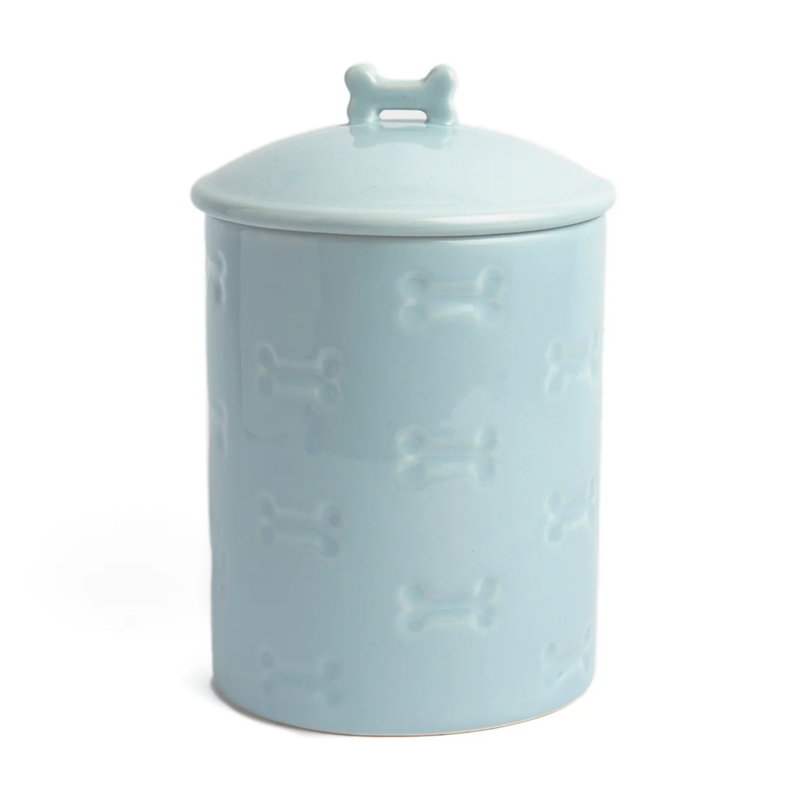 Light blue ceramic pet treat jar with embossed bone patterns and a matching lid featuring a bone-shaped handle, shown on a white background.