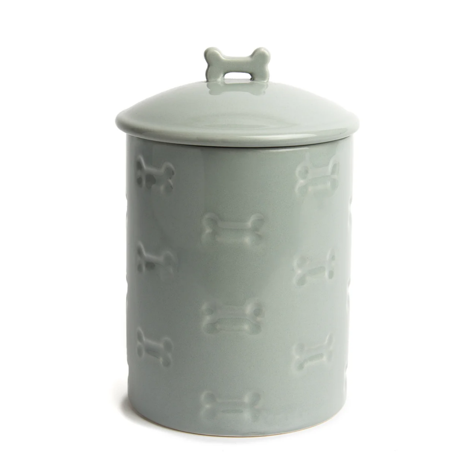 Gray ceramic pet treat jar with embossed bone designs and a matching lid featuring a bone-shaped handle, shown on a white background.