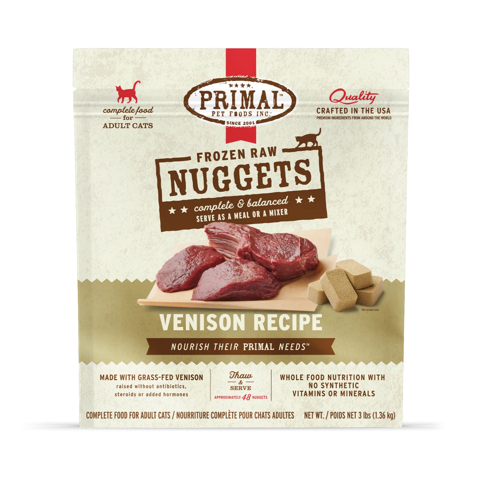 Front of Primal Pet Foods Frozen Raw Nuggets Venison Recipe cat food bag featuring raw venison pieces, nugget-shaped food cubes, and text indicating complete and balanced nutrition for adult cats.