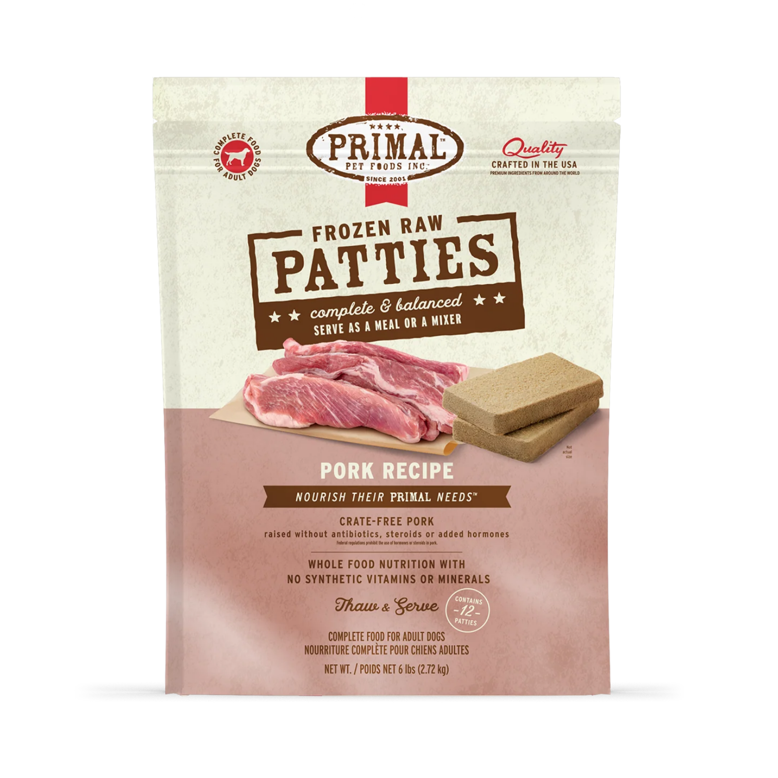 Front of Primal Pet Foods Frozen Raw Patties Pork Recipe dog food bag showing raw pork, rectangular frozen patties, and text indicating complete and balanced nutrition for adult dogs.