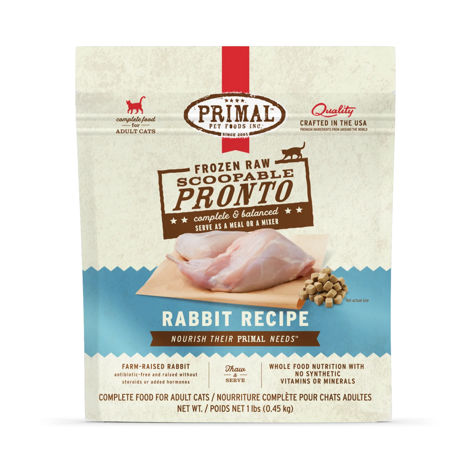 Front of a Primal Pet Foods frozen raw scoopable Pronto cat food bag, Rabbit Recipe, showing raw rabbit pieces on parchment with small cube nuggets; labeled complete and balanced for adult cats, 1-lb bag.
