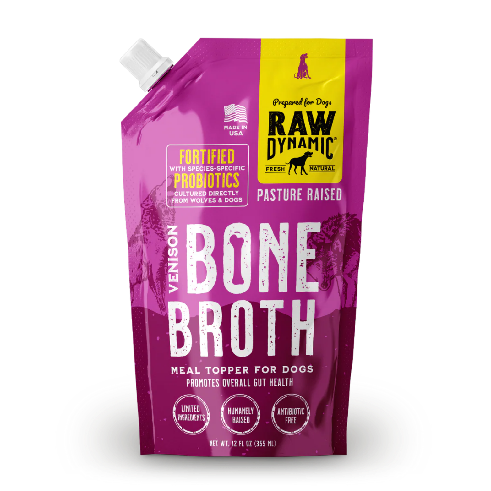 Purple and magenta spouted pouch of Raw Dynamic dog bone broth labeled “Venison Bone Broth.” The package has a white twist cap at the top corner and a yellow panel with the Raw Dynamic logo. Text reads “Fortified with species-specific probiotics,” “Pasture raised,” and “Meal topper for dogs promotes overall gut health.” Icons indicate “Limited ingredients,” “Humanely raised,” and “Antibiotic free.” Net weight is 12 fl oz (355 mL).