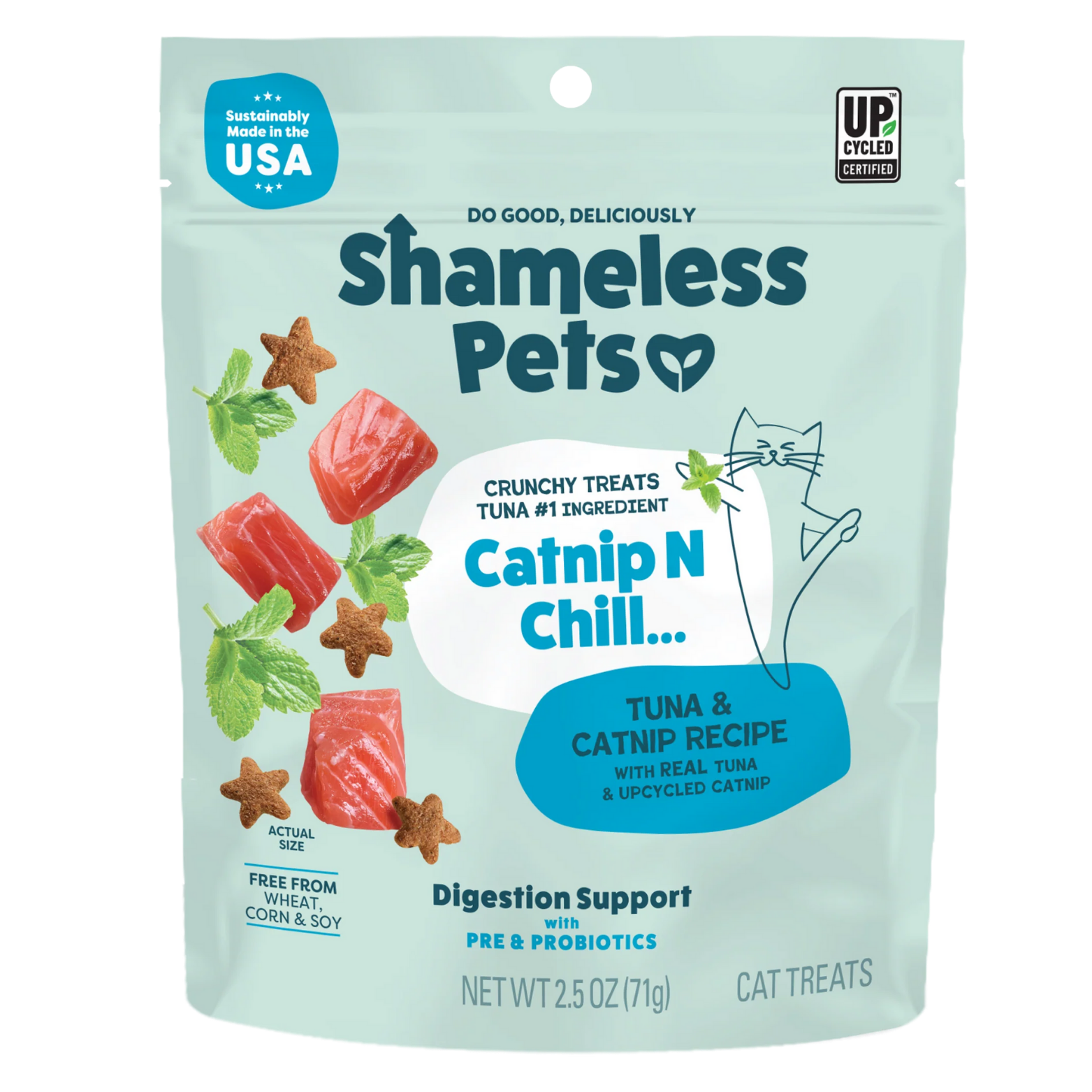 Front of a light green Shameless Pets cat treat bag labeled “Catnip N Chill,” featuring tuna chunks, mint leaves, and star-shaped treats. Text highlights crunchy tuna treats with catnip, digestion support with pre- and probiotics, and sustainably made in the USA.