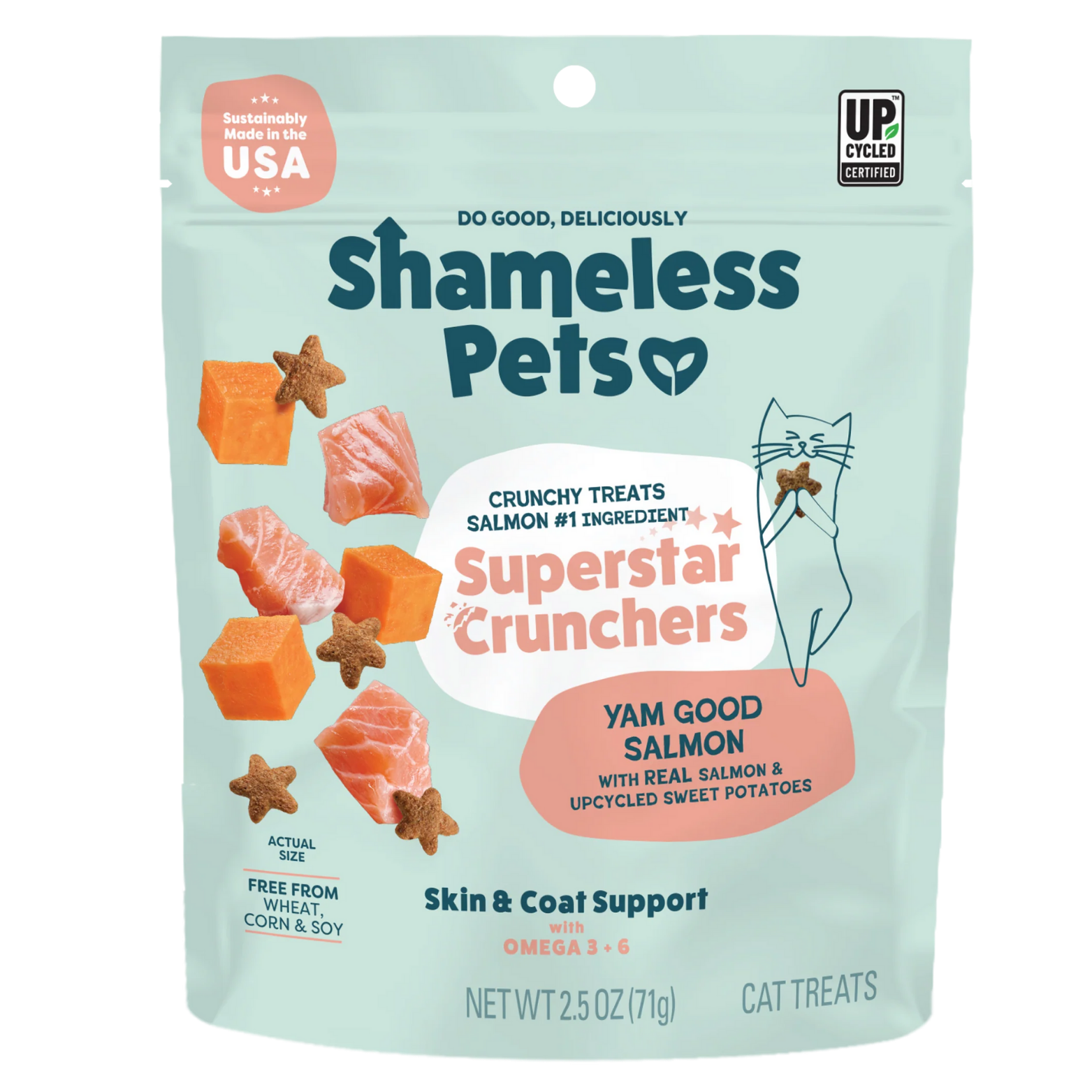 Front of a Shameless Pets “Superstar Crunchers” cat treat bag featuring salmon and sweet potato treats, labeled “Yam Good Salmon,” with claims for skin and coat support, omega 3 & 6, and sustainably made in the USA.