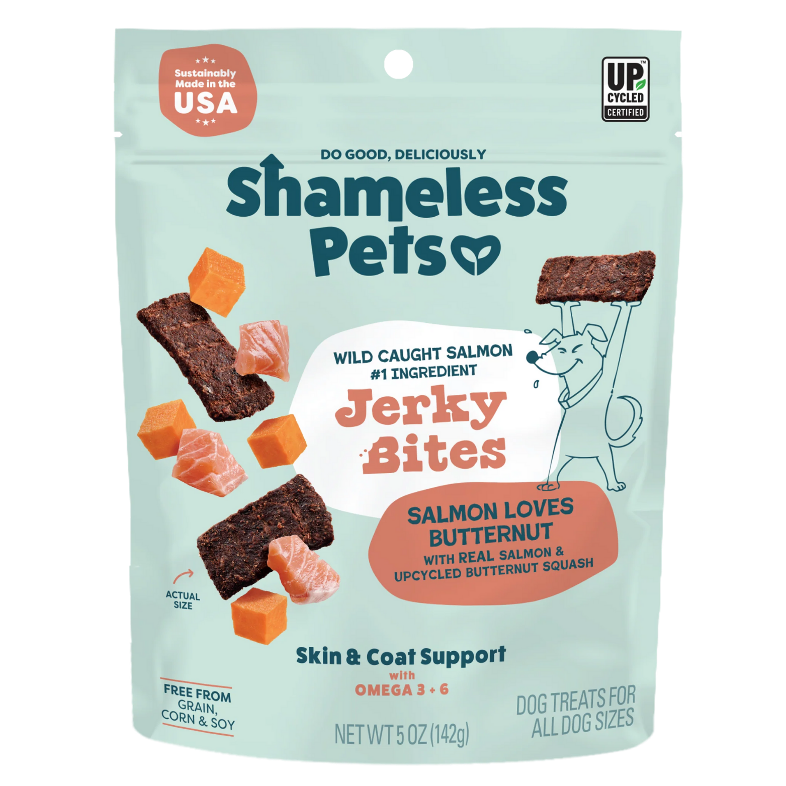 Front of a light green Shameless Pets dog treat pouch labeled “Jerky Bites – Salmon Loves Butternut,” showing salmon pieces and butternut squash cubes, with text noting wild-caught salmon as the #1 ingredient, skin and coat support with omega 3 & 6, grain-free, and made in the USA.