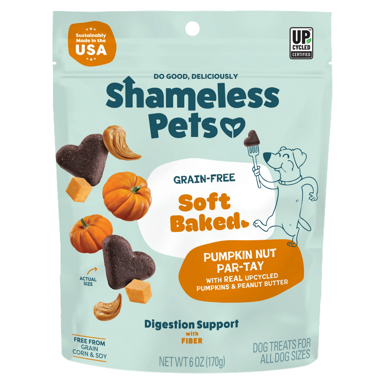 Front view of a light teal Shameless Pets dog treat bag labeled “Grain-Free Soft Baked Pumpkin Nut Par-Tay,” featuring heart-shaped dark brown treats, whole pumpkins, pumpkin cubes, and swirls of peanut butter, with icons noting sustainably made in the USA, upcycled ingredients, digestion support with fiber, and dog treats for all dog sizes.