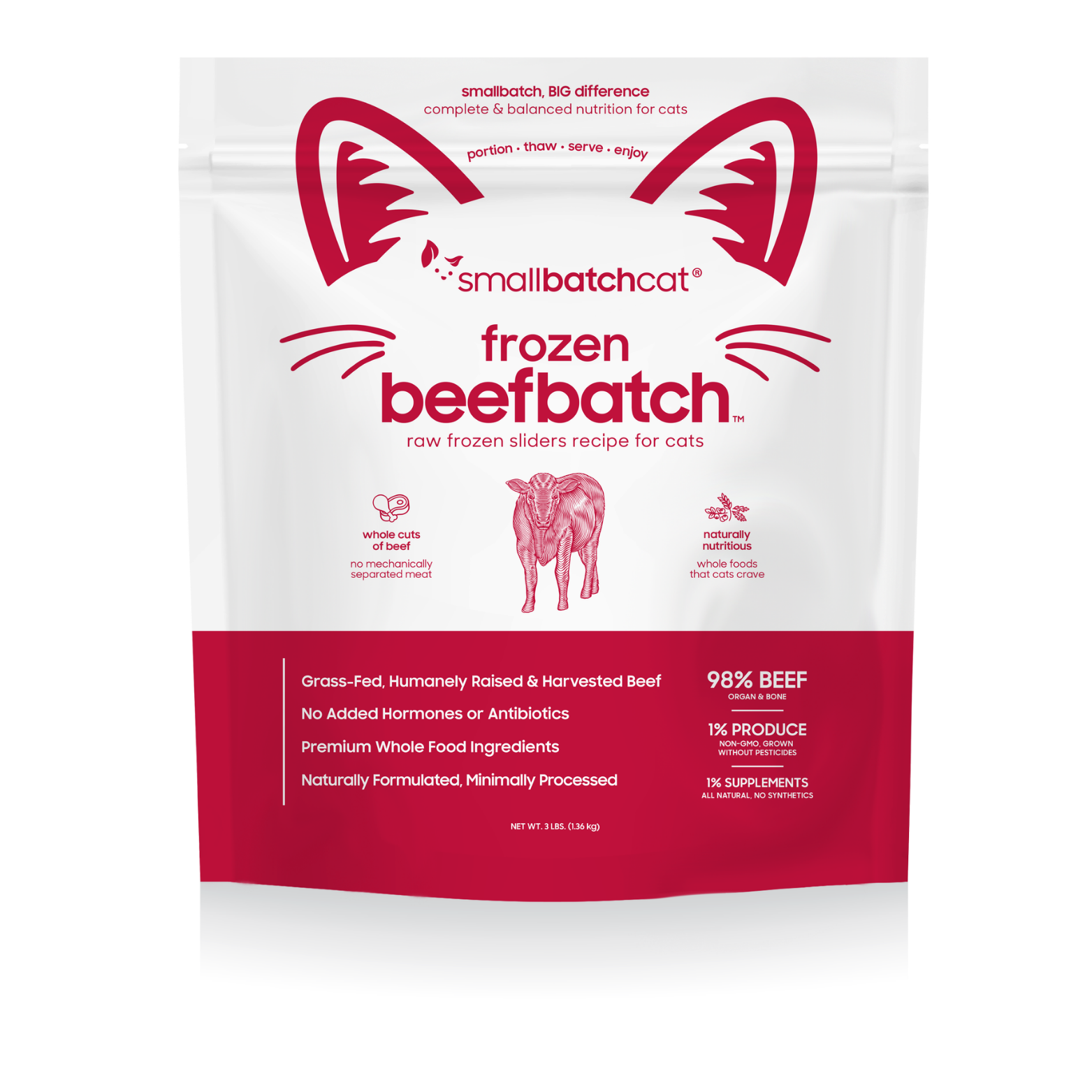 Front view of Smallbatchcat frozen beefbatch raw cat food bag, white and red packaging with cat face graphic and “frozen beefbatch” text.