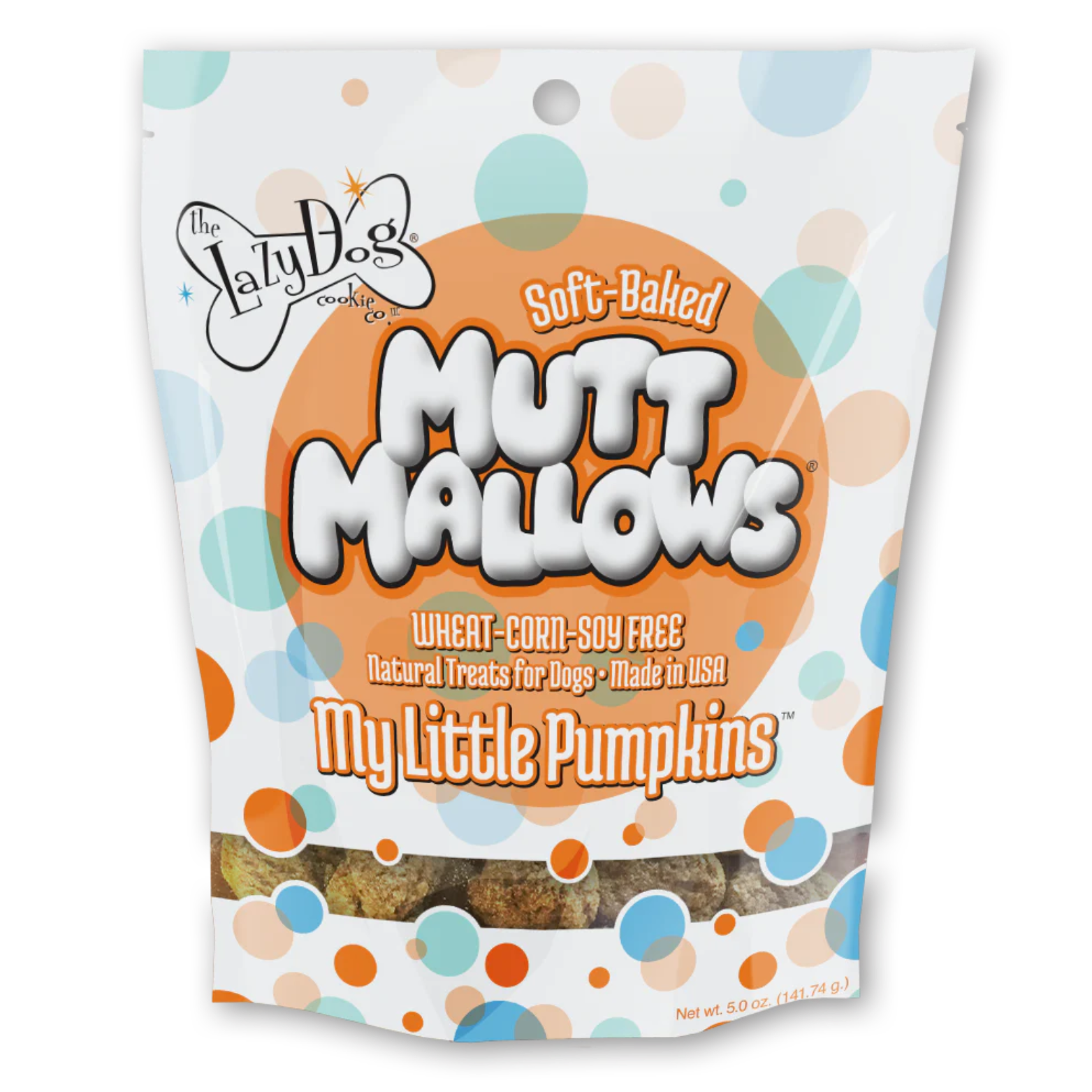 Front view of The Lazy Dog Cookie Company Soft-Baked Mutt Mallows dog treat bag labeled “My Little Pumpkins,” with polka-dot design, orange circle graphic, and text noting wheat-, corn-, and soy-free natural treats made in the USA.