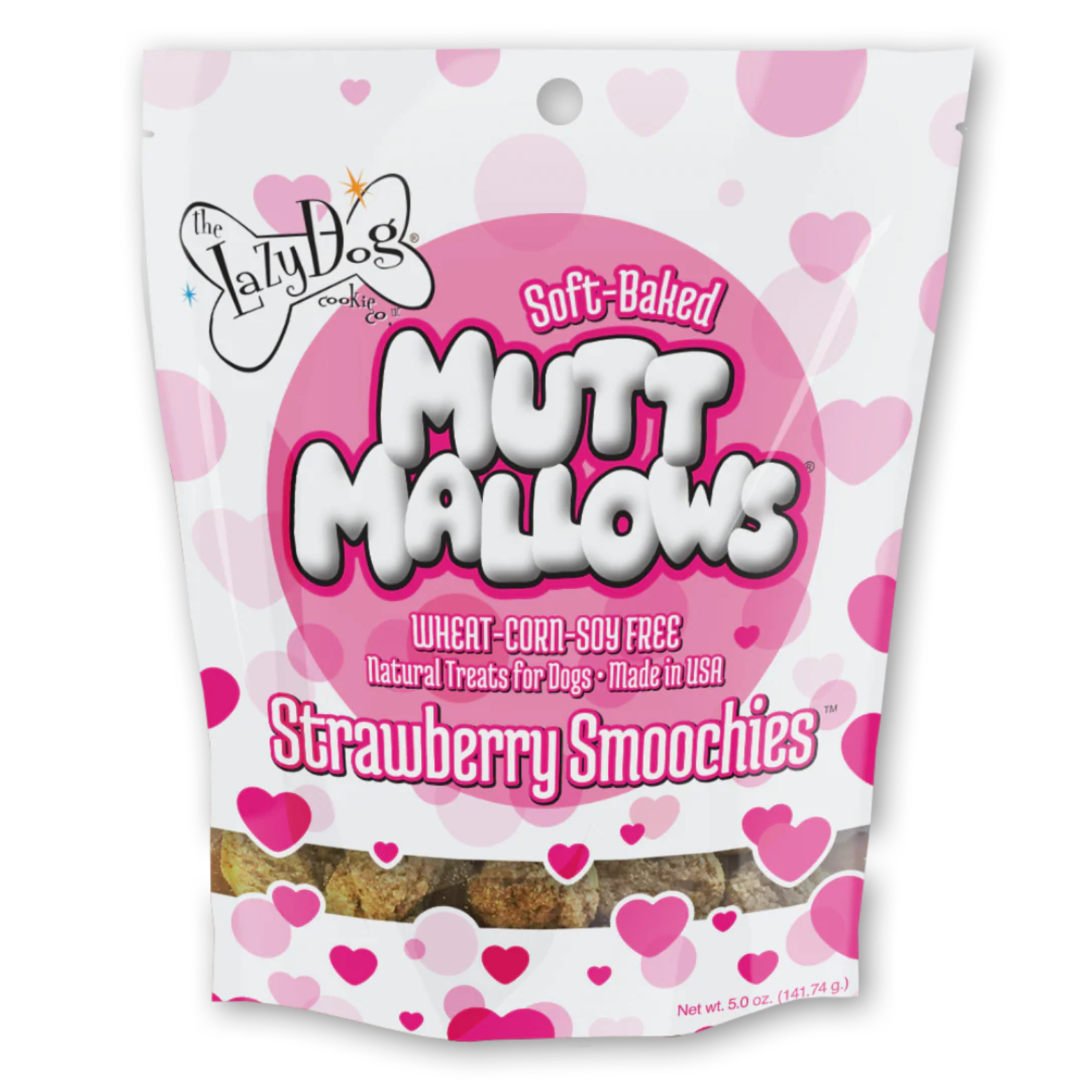Front of a pink-and-white bag of The Lazy Dog Cookie Co. Soft-Baked Mutt Mallows – Strawberry Smoochies, decorated with heart patterns and showing the soft treat pieces through a clear window.