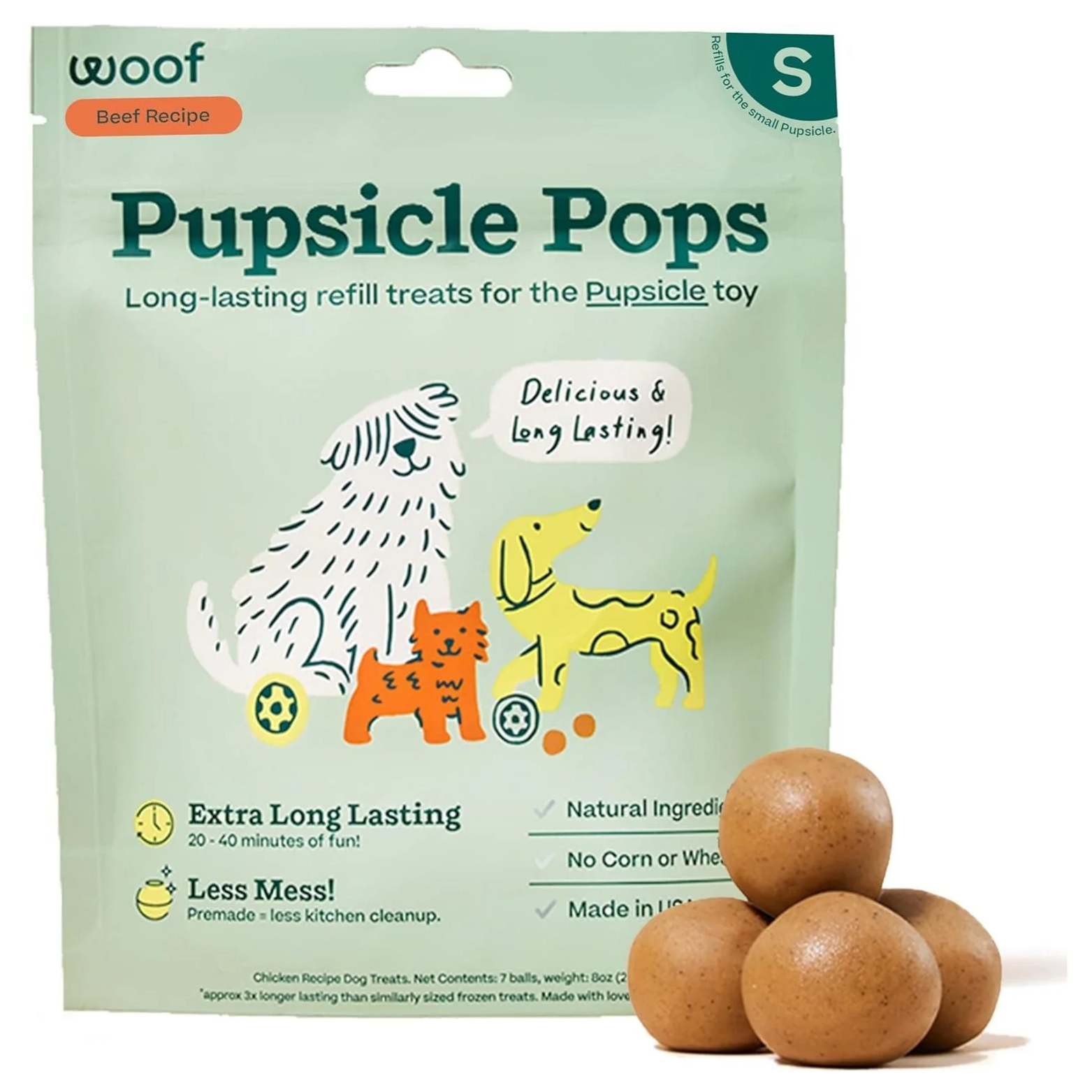 Woof Pupsicle Pops dog treats package, small size (S), beef recipe. Light green bag labeled “Pupsicle Pops” with illustrated dogs and text highlighting extra-long-lasting treats. Three brown, round treat balls stacked in front of the package.