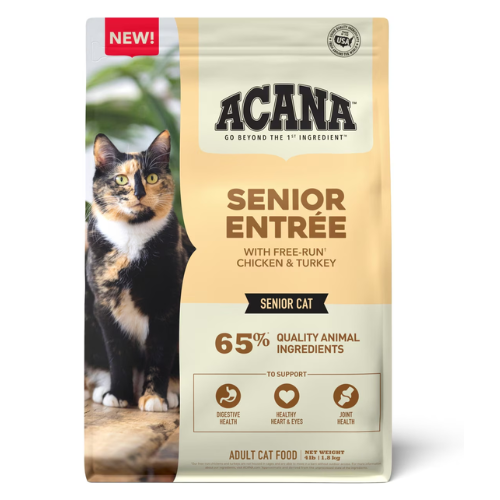 Bag of ACANA Senior Entrée dry cat food featuring a cat on the front and labeled as a senior formula made with free-run chicken and turkey, containing 65% quality animal ingredients and supporting digestive health, heart and eye health, and joint health.