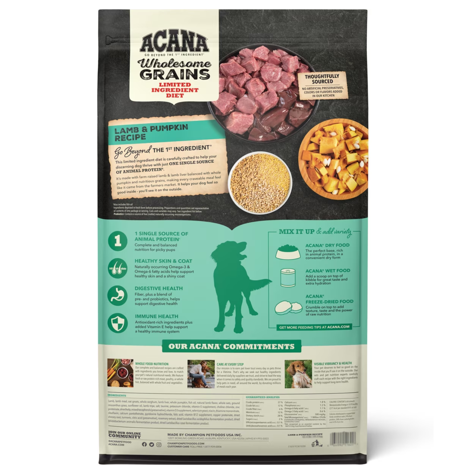 Back of ACANA Wholesome Grains Limited Ingredient Diet Lamb & Pumpkin Recipe dry dog food bag showing ingredient highlights, benefit icons, mixing suggestions, brand commitments, feeding guidelines, guaranteed analysis, and manufacturer information.