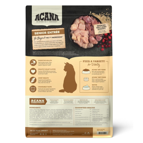 Back of ACANA Senior Entrée cat food bag showing raw chicken and turkey pieces at the top, icons describing benefits for digestion, heart and eyes, joints, and coat health, a feeding guide recommending dry food, wet food, and water, a silhouette of a cat, and panels with ingredients and guaranteed analysis information.
