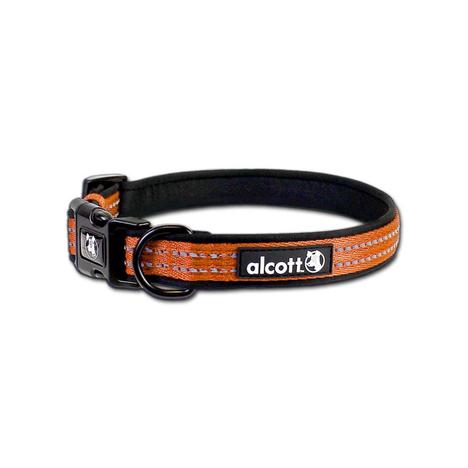 Side view of a neon orange Alcott Adventure dog collar featuring reflective accents, soft black padding, adjustable fit, black buckle closure, and metal leash attachment ring.