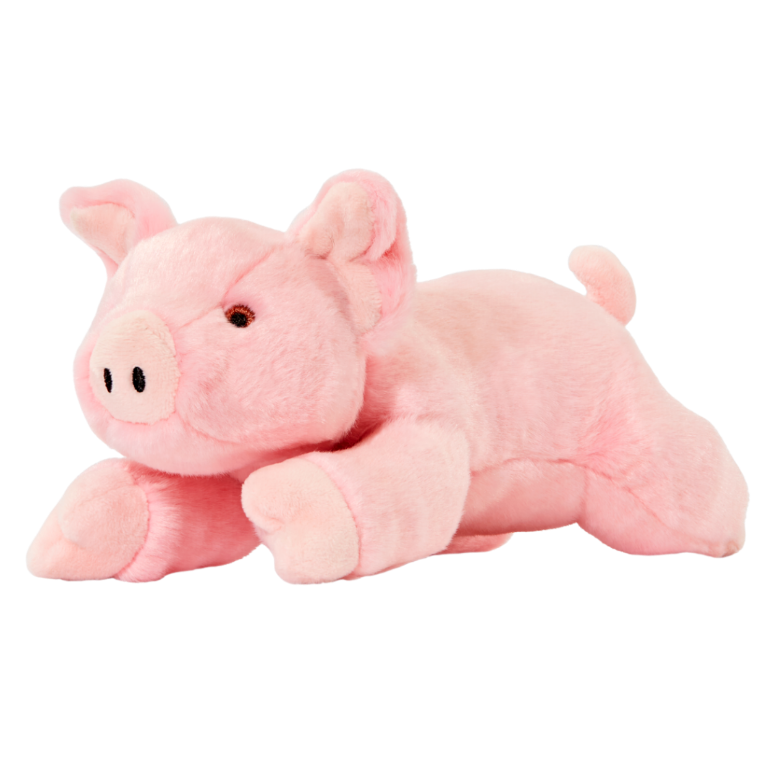 Pink plush pig dog toy shown from a slightly different angle, resting on its front legs with soft fabric texture visible against a black background.
