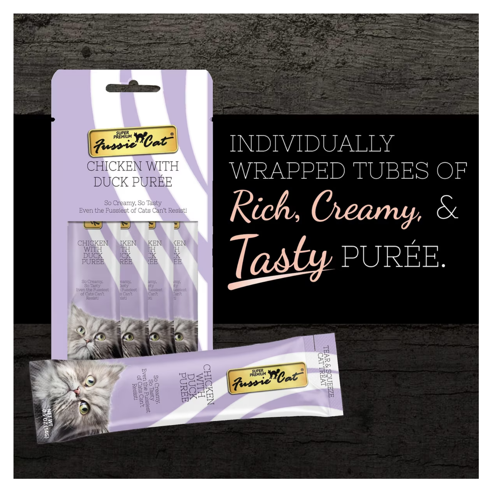 Promotional image showing Fussie Cat Chicken with Duck Purée packaging and an individual tube on a dark background, with text highlighting individually wrapped tubes of rich, creamy, and tasty purée.