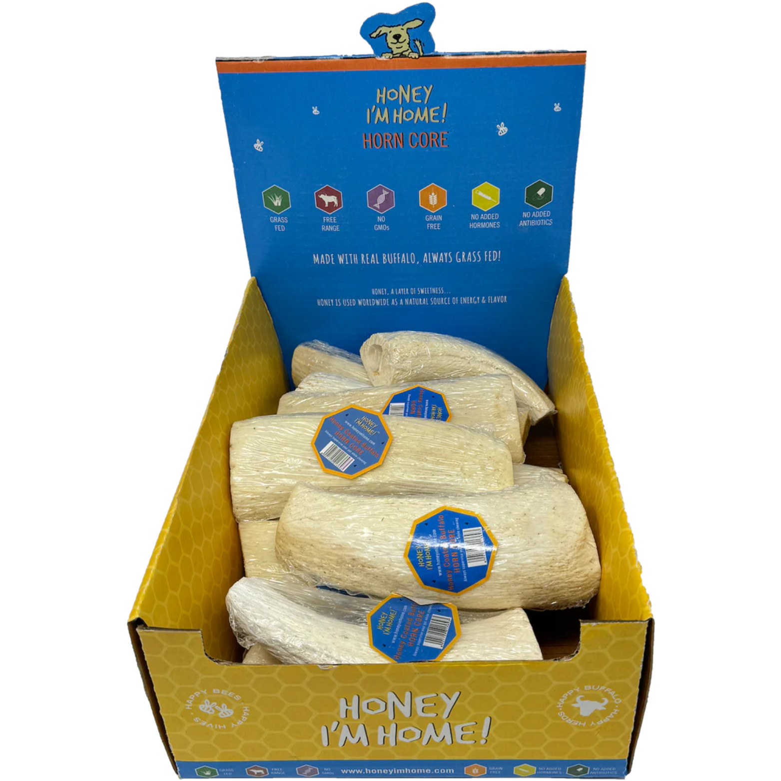 Honey I'm Home Buffalo Horn Cores Natural Honey Coated Chews Grain-Free Dog Treats Bulk